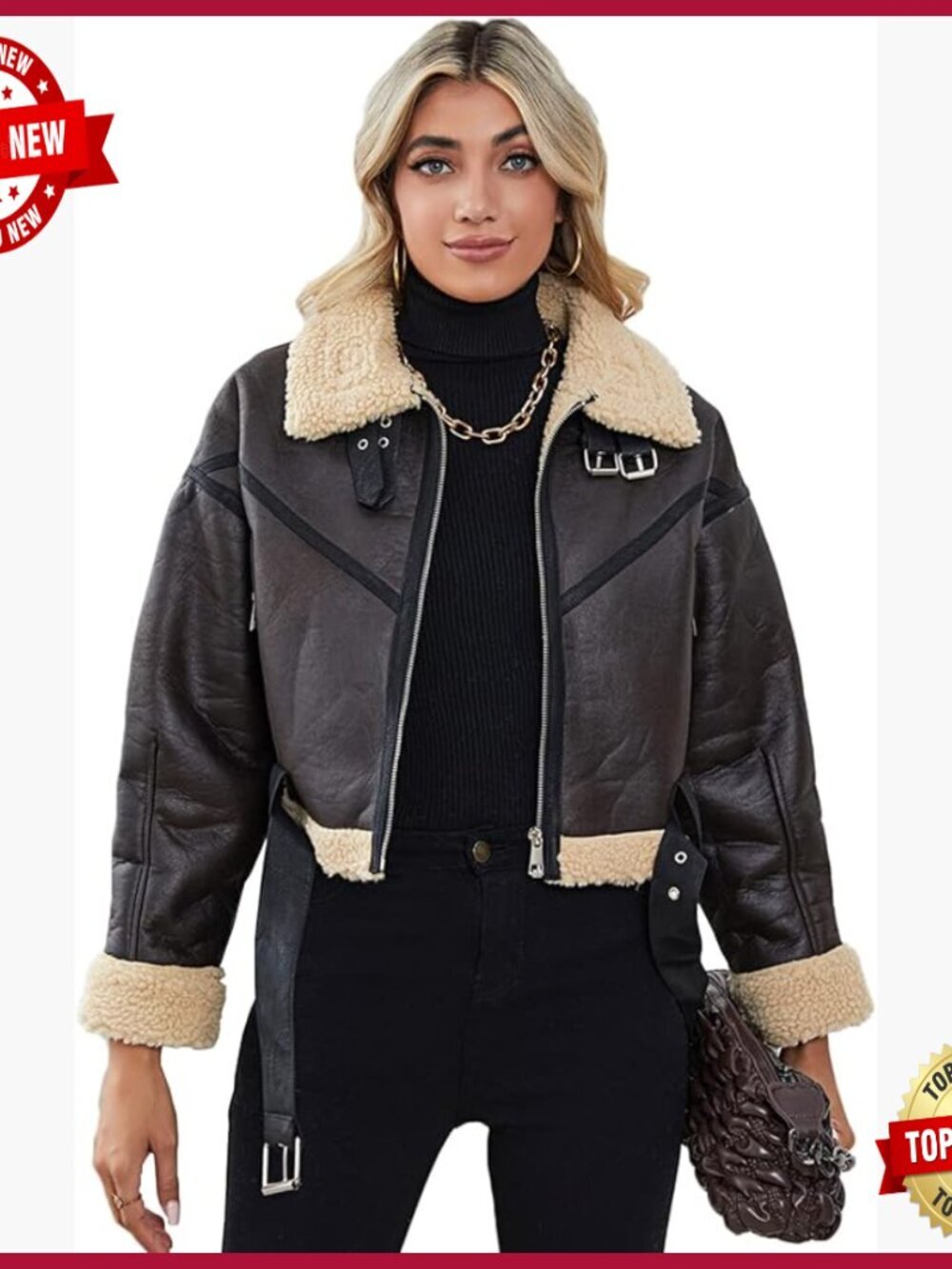 Faux Lamb Fur Leather Aviator Bomber Jacket Size S Winter Coat